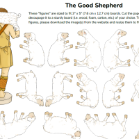 Image of printable materials showing sheep and a shepherd carrying one sheep
