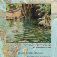 Book cover image of a map of the world and an image inside with a child swimming